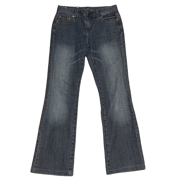 Y2K CARTISE women's dark wash rhinestone detailed flare jeans, size 30". - Picture 2 of 5